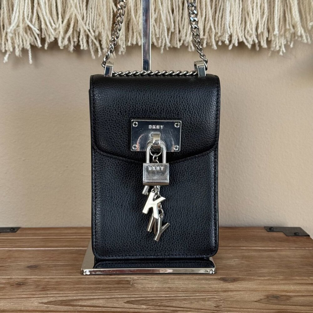 DKNY Elissa Black Pebbled Leather Silver Lock Charm Chain Crossbody Phone  Bag - Picture 3 of 14